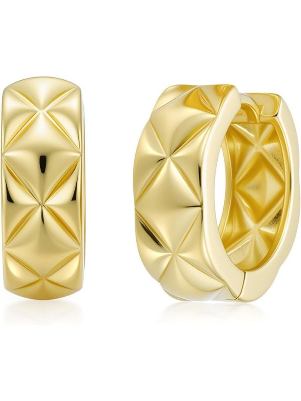 Thick Mini Gold Hoop Earrings for Women, Rhombus Pattern, Chunky Hinged Snap